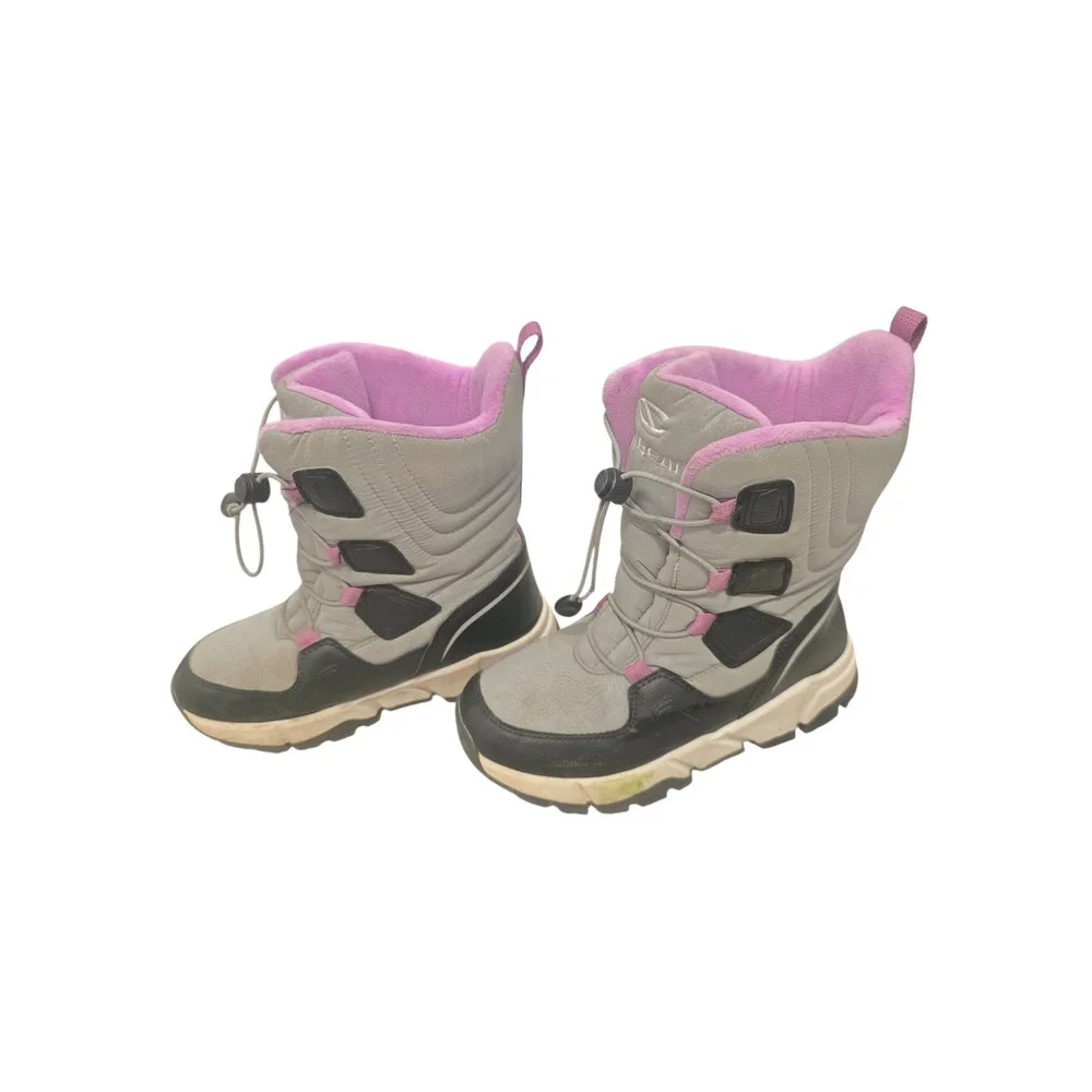 Hobibear Girls Snow Boots Grey Purple Faux Fur Lined Bungee Toggle Size 3